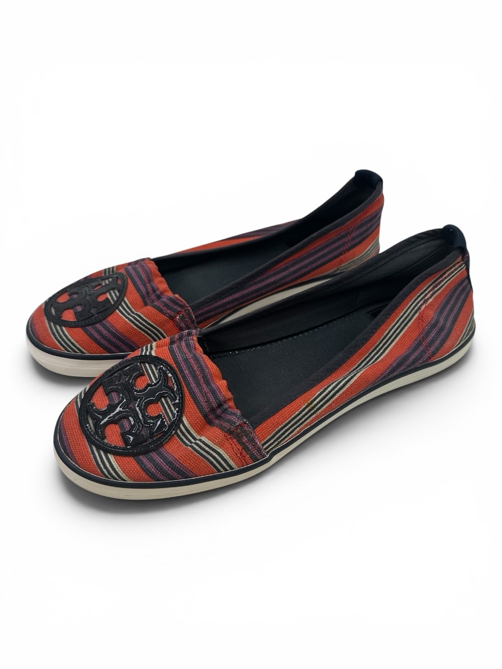 Tory Burch Striped Canvas Slip On Flats Logo Shoes Women’s 7.5 Multicolor